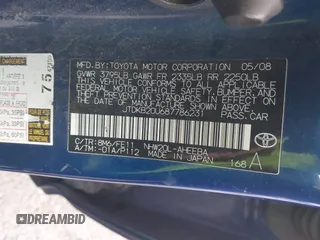 2008 Toyota Prius with VIN JTDKB20U687786231, listed as a IAAI auction lot 41839789 with 132,006 mi miles. Bid and sale history available at carsss.com. Image 9.