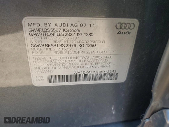 2012 Audi Q5 3.2L Premium Plus with VIN WA1DKAFP7CA013343, listed as a Copart auction lot 87976515 with 0 mi miles and Clean Title. Bid and sale history available at carsss.com. Image 14.