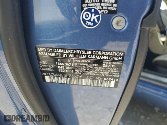 2006 Chrysler Crossfire Limited с VIN 1C3AN65L76X061832, выставлен на аукционе Copart как лот 57773895 с пробегом 107 153 миль миль и Списание • Salvage title. История ставок и продаж доступна на DreamBid. Изображение 12.