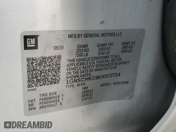 2019 Chevrolet Suburban LT с VIN 1GNSCHKC6KR372714, выставлен на аукционе Copart как лот 61074365 с пробегом 194 716 миль миль и Чистый • Clean title. История ставок и продаж доступна на DreamBid. Изображение 13.