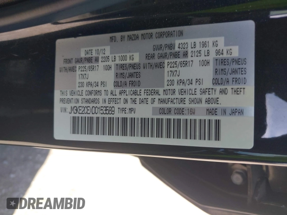 2013 Mazda CX-5 Touring with VIN JM3KE2CEXD0153589, listed as a IAAI auction lot 41855356 with 86,030 mi miles and . Bid and sale history available at DreamBid. Image 9.