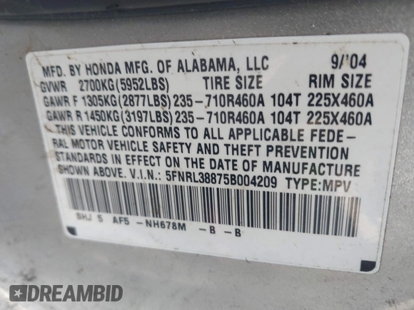 2005 Honda Odyssey TOURING with VIN 5FNRL38875B004209, listed as a IAAI auction lot 42003057 with 242,794 mi miles. Bid and sale history available at carsss.com. Image 9.