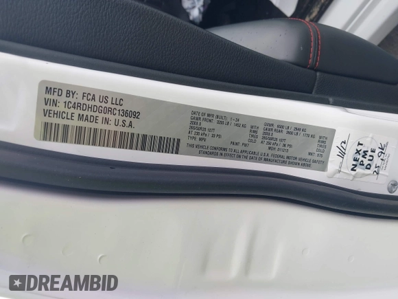 2024 Dodge Durango GT Plus with VIN 1C4RDHDG0RC136092, listed as a IAAI auction lot 42271658 with 31,022 mi miles and . Bid and sale history available at DreamBid. Image 9.