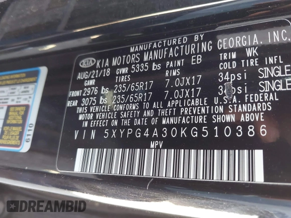 2019 Kia Sorento LX z VIN 5XYPG4A30KG510386, wystawiony jako IAAI lot #42425902 z przebiegiem 78 192 mil mil oraz . Historia ofert i sprzedaży dostępna na DreamBid. Obrazek 9.