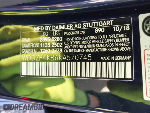 2019 Mercedes-Benz E 300 with VIN WDDZF4KB6KA570745, listed as a IAAI auction lot 40965933 with 66,680 mi miles and . Bid and sale history available at DreamBid. Image 9.