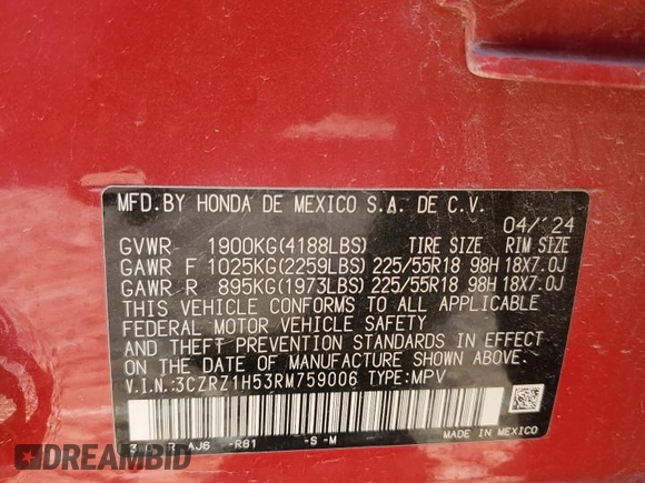 2024 Honda HR-V Sport z VIN 3CZRZ1H53RM759006, wystawiony jako Copart lot #52958415 z przebiegiem 10 876 mil mil oraz Szkoda całkowita • Salvage title. Historia ofert i sprzedaży dostępna na DreamBid. Obrazek 13.