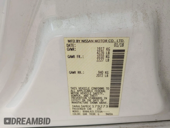 2018 Nissan Altima S with VIN 1N4AL3AP8JC179273, listed as a IAAI auction lot 41901613 with 136,692 mi miles and . Bid and sale history available at DreamBid. Image 9.