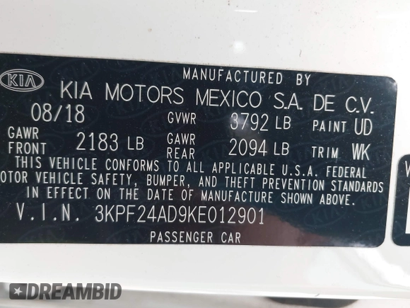 2019 Kia Forte LXS with VIN 3KPF24AD9KE012901, listed as a IAAI auction lot 42376006 with 20,460 mi miles and . Bid and sale history available at DreamBid. Image 9.