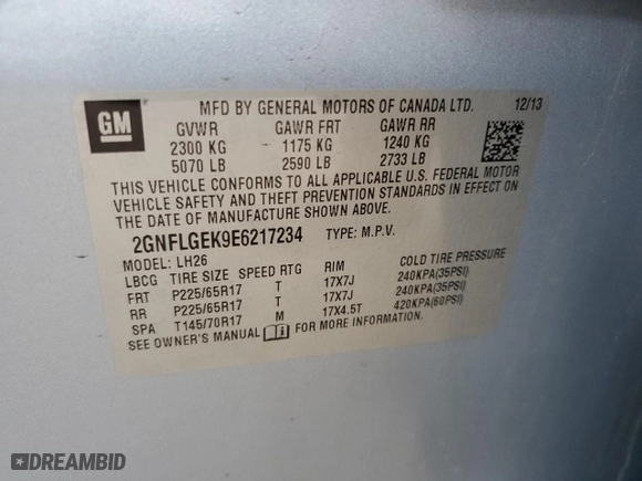 2014 Chevrolet Equinox LT with VIN 2GNFLGEK9E6217234, listed as a Copart auction lot 51535155 with 167,091 mi miles and Salvage Title. Bid and sale history available at carsss.com. Image 13.