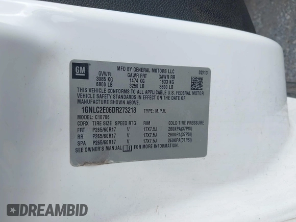 2013 Chevrolet Tahoe Commercial with VIN 1GNLC2E06DR273218, listed as a IAAI auction lot 42459013 with 181,495 mi miles and . Bid and sale history available at DreamBid. Image 9.