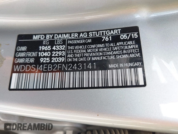 2015 Mercedes-Benz CLA 250 with VIN WDDSJ4EB2FN243141, listed as a IAAI auction lot 41891606 with 59,713 mi miles and . Bid and sale history available at DreamBid. Image 9.