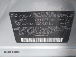 2012 Hyundai Sonata SE with VIN 5NPEC4AB6CH409728, listed as a IAAI auction lot 41938562 with 156,690 mi miles and . Bid and sale history available at carsss.com. Image 9.
