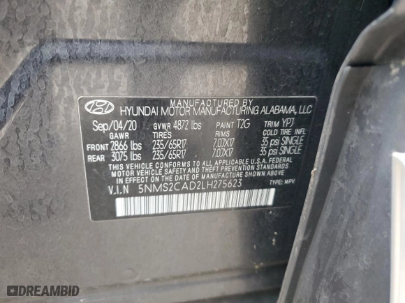 2020 Hyundai Santa Fe SE with VIN 5NMS2CAD2LH275623, listed as a Copart auction lot 42937265 with 89,553 mi miles and Salvage Title. Bid and sale history available at carsss.com. Image 13.