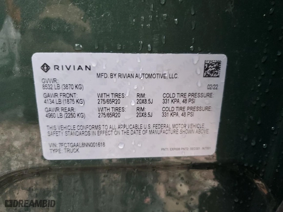 2022 Rivian R1T Launch Edition with VIN 7FCTGAAL8NN001618, listed as a Copart auction lot 78772994 with 23,864 mi miles and Non Repairable. Bid and sale history available at carsss.com. Image 13.