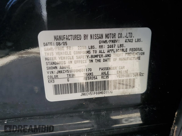 2006 Infiniti G35 with VIN JNKCV51F66M601170, listed as a Copart auction lot 77985654 with 108,136 mi miles and Salvage Title. Bid and sale history available at DreamBid. Image 12.