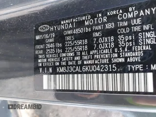 2019 Hyundai Tucson Ultimate with VIN KM8J3CAL6KU042315, listed as a IAAI auction lot 41924215 with 105,333 mi miles. Bid and sale history available at carsss.com. Image 9.