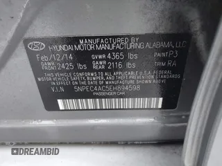 2014 Hyundai Sonata SE with VIN 5NPEC4AC5EH894598, listed as a IAAI auction lot 41242457 with 153,635 mi miles and . Bid and sale history available at DreamBid. Image 9.