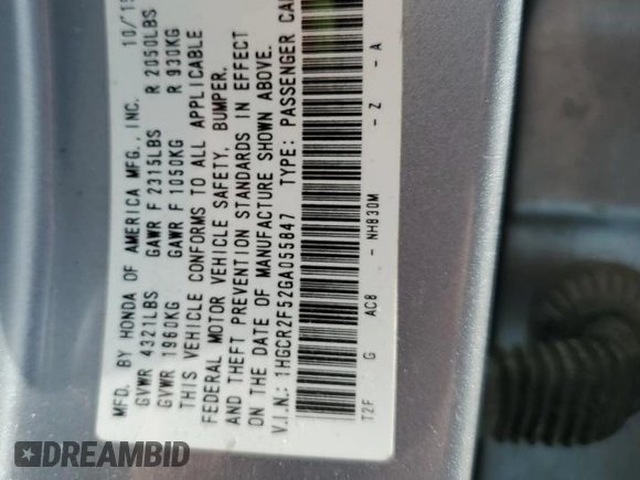 2016 Honda Accord Sport with VIN 1HGCR2F52GA055847, listed as a Copart auction lot 58598835 with 128,928 mi miles and Salvage title. Bid and sale history available at DreamBid. Image 12.