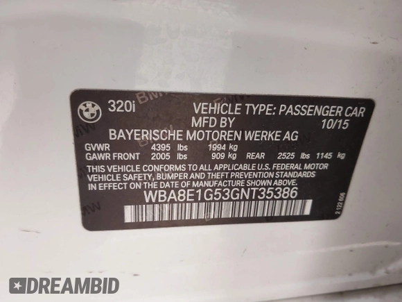 2016 BMW 3 Series 320i with VIN WBA8E1G53GNT35386, listed as a IAAI auction lot 41549924 with 91,399 mi miles and . Bid and sale history available at carsss.com. Image 9.