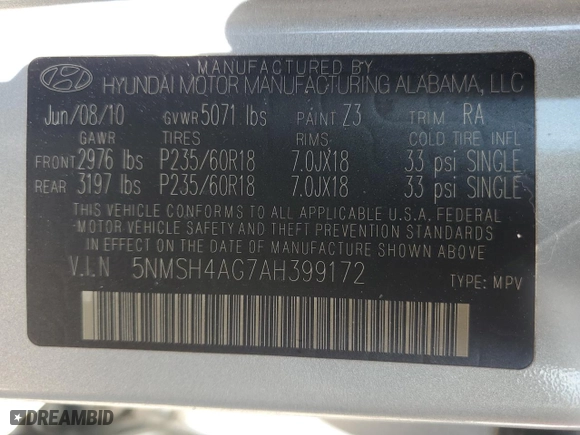 2010 Hyundai Santa Fe SE with VIN 5NMSH4AG7AH399172, listed as a Copart auction lot 52947095 with 80,583 mi miles and Clean Title. Bid and sale history available at carsss.com. Image 13.