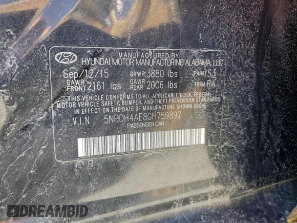 2016 Hyundai Elantra SE with VIN 5NPDH4AE8GH759892, listed as a Copart auction lot 53875525 with 164,032 mi miles and Salvage title. Bid and sale history available at DreamBid. Image 12.