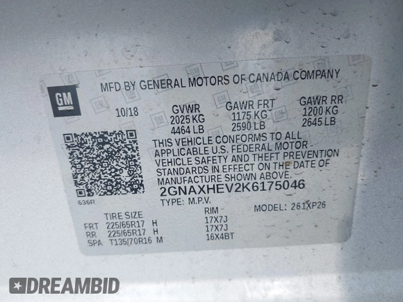 2019 Chevrolet Equinox LS z VIN 2GNAXHEV2K6175046, wystawiony jako IAAI lot #41483868 z przebiegiem 118 058 mil mil oraz . Historia ofert i sprzedaży dostępna na DreamBid. Obrazek 9.