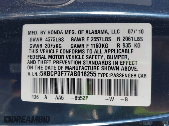 2010 Honda Accord EX z VIN 5KBCP3F77AB018255, wystawiony jako IAAI lot #41653419 z przebiegiem 183 521 mil mil oraz . Historia ofert i sprzedaży dostępna na DreamBid. Obrazek 9.