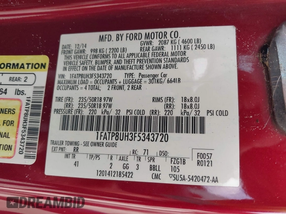 2015 Ford Mustang EcoBoost Premium with VIN 1FATP8UH3F5343720, listed as a IAAI auction lot 42413198 with 144,430 mi miles and . Bid and sale history available at DreamBid. Image 9.