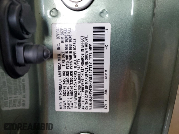 2004 Honda Element EX with VIN 5J6YH18624L012112, listed as a Copart auction lot 58342825 with 205,305 mi miles and Salvage title. Bid and sale history available at DreamBid. Image 14.