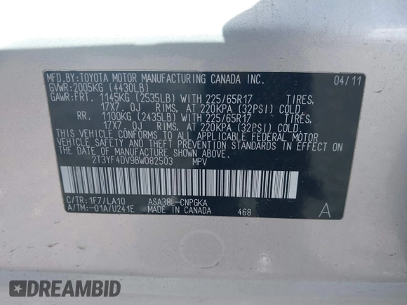 2011 Toyota RAV4 Ltd with VIN 2T3YF4DV9BW082503, listed as a IAAI auction lot 41810414 with 172,125 mi miles. Bid and sale history available at carsss.com. Image 9.