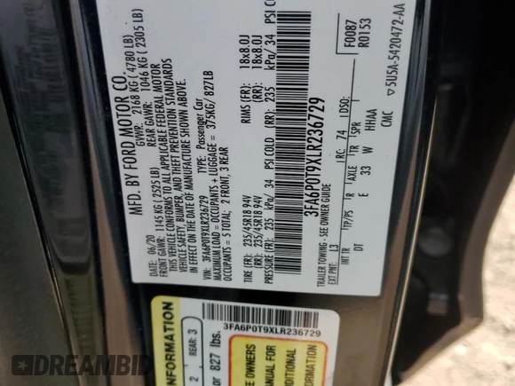 2020 Ford Fusion SE z VIN 3FA6P0T9XLR236729, wystawiony jako Copart lot #47771045 z przebiegiem 54 947 mil mil oraz Szkoda całkowita • Salvage title. Historia ofert i sprzedaży dostępna na DreamBid. Obrazek 12.