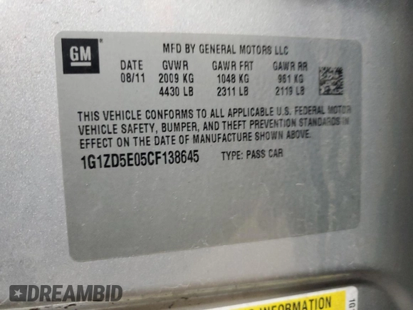 2012 Chevrolet Malibu 2LT with VIN 1G1ZD5E05CF138645, listed as a Copart auction lot 55139115 with 128,935 mi miles and Clean Title. Bid and sale history available at DreamBid. Image 13.
