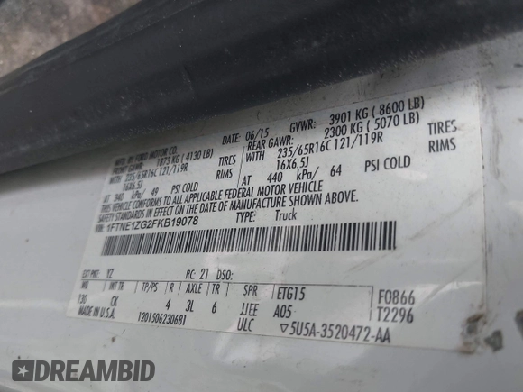 2015 Ford Transit с VIN 1FTNE1ZG2FKB19078, выставлен на аукционе IAAI как лот 42238221 с пробегом 163 402 миль миль и . История ставок и продаж доступна на DreamBid. Изображение 9.