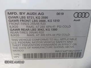 2019 Audi SQ5 Prestige with VIN WA1C4AFY4K2131017, listed as a IAAI auction lot 42024387 with 65,788 mi miles. Bid and sale history available at carsss.com. Image 9.