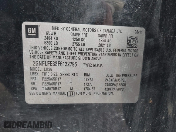 2015 Chevrolet Equinox LT with VIN 2GNFLFE33F6132796, listed as a IAAI auction lot 42007913 with 124,232 mi miles and . Bid and sale history available at DreamBid. Image 9.