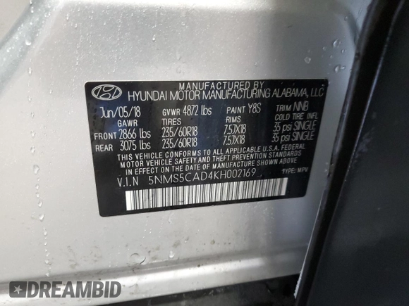 2019 Hyundai Santa Fe Ultimate z VIN 5NMS5CAD4KH002169, wystawiony jako Copart lot #58560645 z przebiegiem 27 762 mil mil oraz Szkoda całkowita • Salvage title. Historia ofert i sprzedaży dostępna na DreamBid. Obrazek 14.