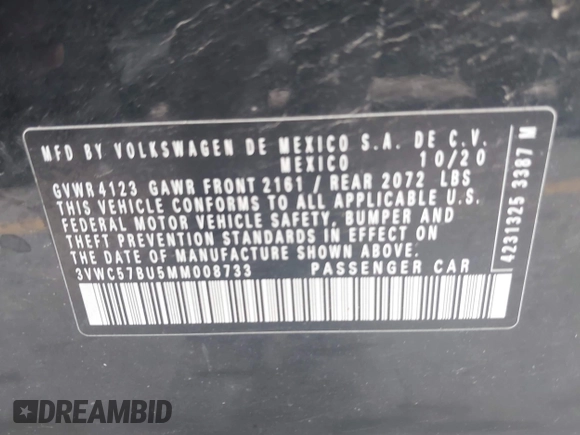 2021 Volkswagen Jetta S z VIN 3VWC57BU5MM008733, wystawiony jako IAAI lot #42527371 z przebiegiem 76 548 mil mil oraz . Historia ofert i sprzedaży dostępna na DreamBid. Obrazek 9.
