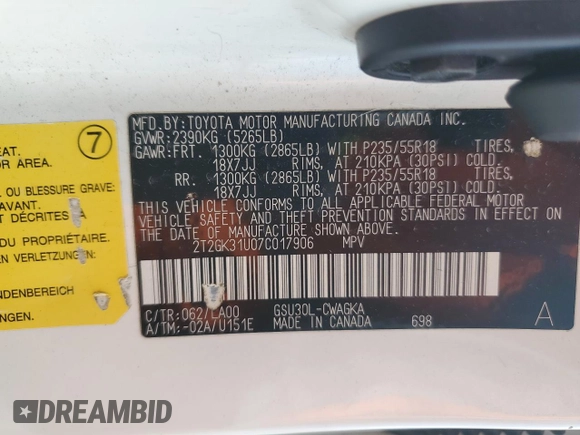 2007 Lexus RX 350 with VIN 2T2GK31U07C017906, listed as a Copart auction lot 49162055 with 122,219 mi miles and Salvage Title. Bid and sale history available at DreamBid. Image 13.