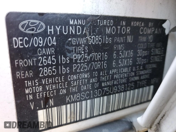 2005 Hyundai Santa Fe GLS with VIN KM8SC13D75U938125, listed as a Copart auction lot 81265824 with 175,296 mi miles and Salvage Title. Bid and sale history available at carsss.com. Image 13.