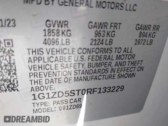 2024 Chevrolet Malibu LT with VIN 1G1ZD5ST0RF133229, listed as a IAAI auction lot 42191343 with 42,744 mi miles and . Bid and sale history available at DreamBid. Image 9.