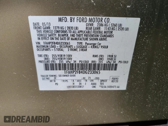 2013 Ford Taurus Limited z VIN 1FAHP2F84DG233065, wystawiony jako Copart lot #60356025 z przebiegiem 37 362 mil mil oraz Szkoda całkowita • Salvage title. Historia ofert i sprzedaży dostępna na DreamBid. Obrazek 12.