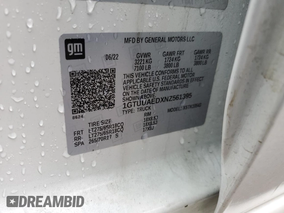 2022 GMC Sierra 1500 with VIN 1GTUUAEDXNZ561395, listed as a Copart auction lot 43474525 with 52,998 mi miles and Salvage Title. Bid and sale history available at DreamBid. Image 13.