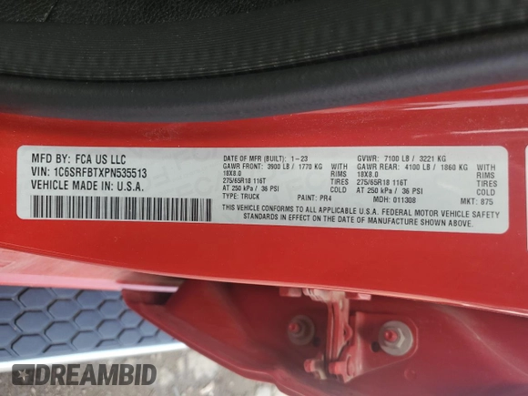 2023 Ram 1500 Big Horn with VIN 1C6SRFBTXPN535513, listed as a Copart auction lot 61135425 with Not provided miles and Salvage title. Bid and sale history available at DreamBid. Image 12.