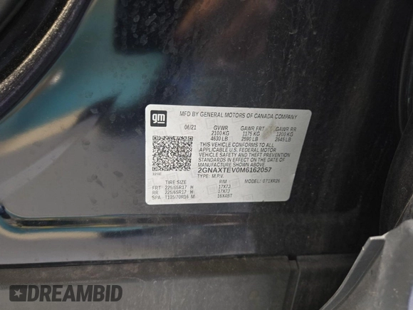 2021 Chevrolet Equinox LT with VIN 2GNAXTEV0M6162057, listed as a IAAI auction lot 42231815 with 131,134 mi miles and . Bid and sale history available at DreamBid. Image 1.