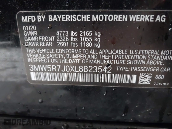 2020 BMW 3 Series 330i xDrive with VIN 3MW5R7J0XL8B23542, listed as a IAAI auction lot 40267310 with 1 mi miles. Bid and sale history available at carsss.com. Image 9.
