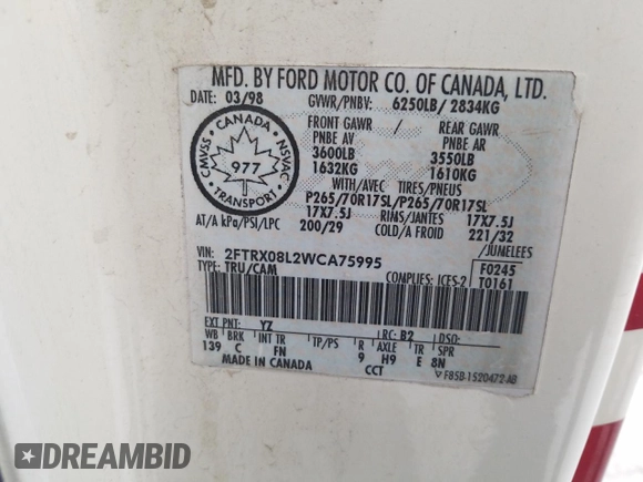 1998 Ford F-150 XL with VIN 2FTRX08L2WCA75995, listed as a Copart auction lot 43717305 with 301,987 mi miles and Salvage title. Bid and sale history available at DreamBid. Image 12.