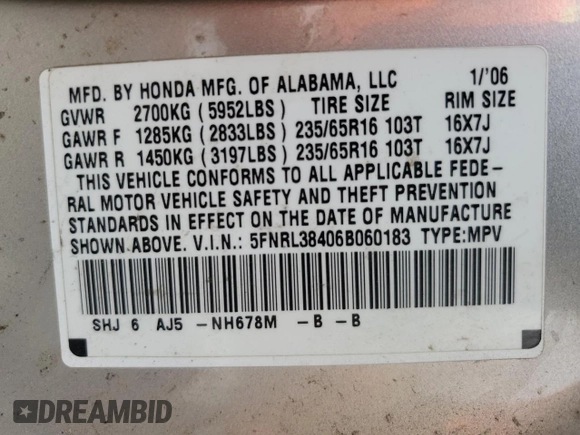2006 Honda Odyssey EX with VIN 5FNRL38406B060183, listed as a Copart auction lot 53281125 with 204,128 mi miles and Salvage Title. Bid and sale history available at carsss.com. Image 14.