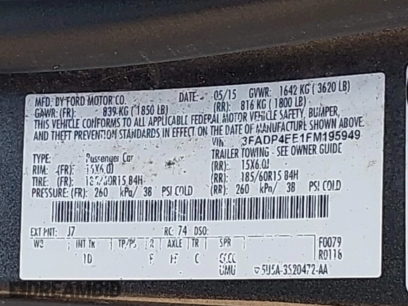 2015 Ford Fiesta SE with VIN 3FADP4EE1FM195949, listed as a IAAI auction lot 42122089 with Not Provided miles. Bid and sale history available at carsss.com. Image 9.