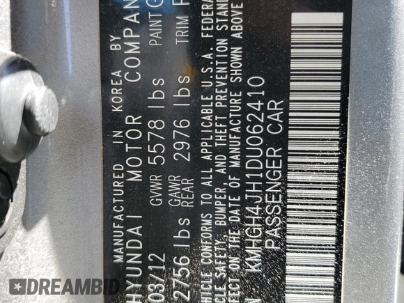 2013 Hyundai Equus Signature with VIN KMHGH4JH1DU062410, listed as a Copart auction lot 53730735 with 196,758 mi miles and Clean Title. Bid and sale history available at DreamBid. Image 12.
