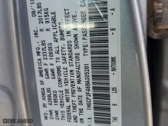 2011 Honda Accord Sdn LX-P with VIN 1HGCP2F46BA005281, listed as a Copart auction lot 53371515 with 276,427 mi miles and Salvage Title. Bid and sale history available at carsss.com. Image 13.